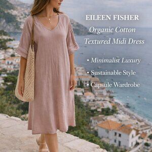 Eileen Fisher Mid Dress Organic Cotton Woven Textured Knit V Neck Relaxed Fit